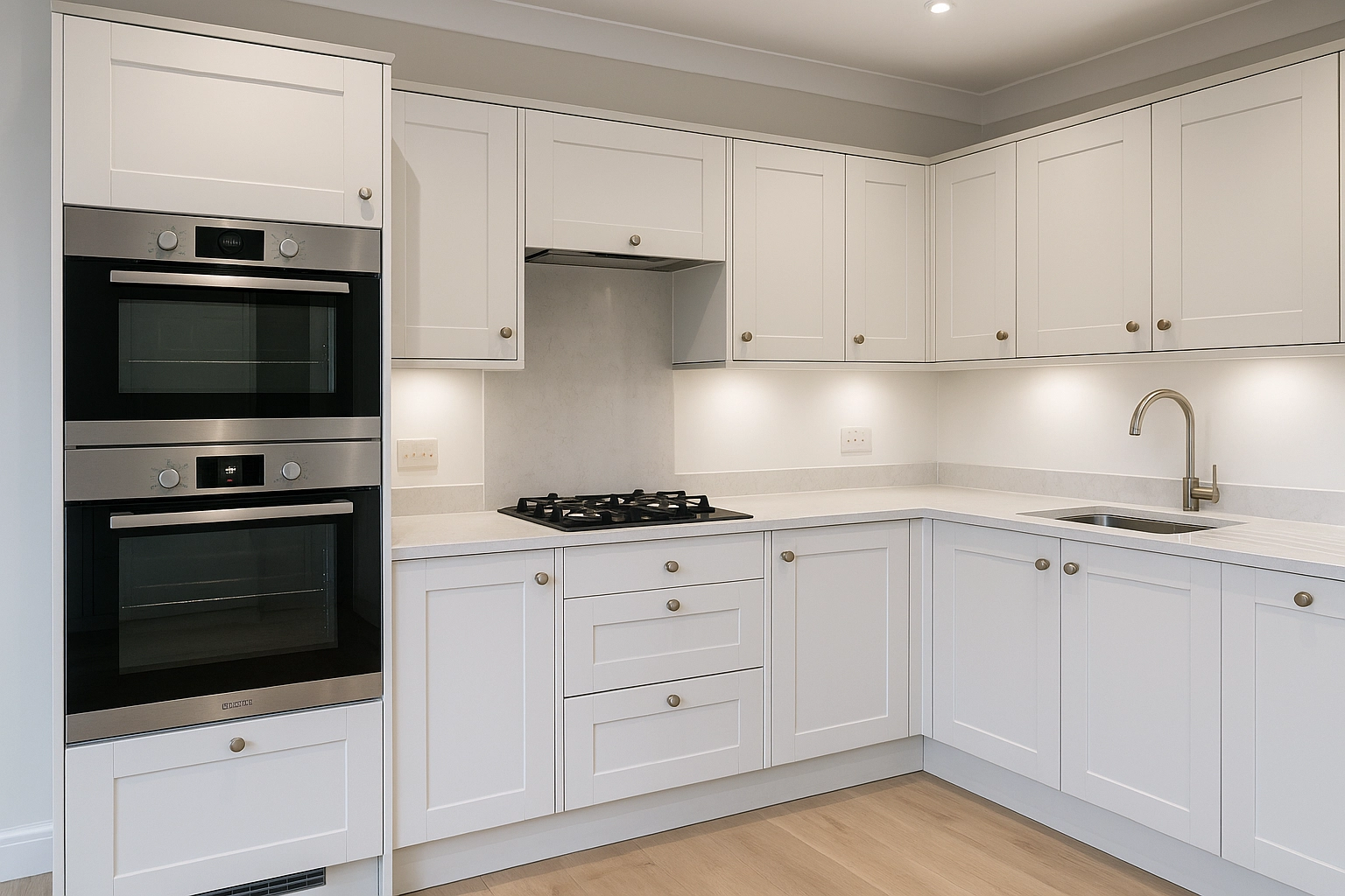 Integrated ovens, hob and fridge seamlessly built into modern cabinetry