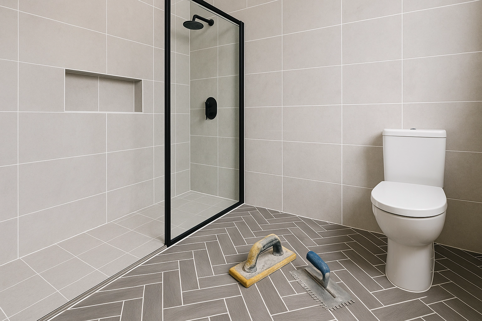 Bathroom wall and floor tiling with niche and clean silicone lines