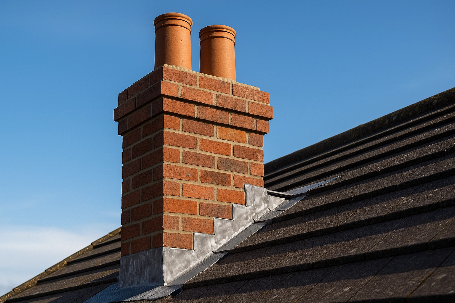 Rebuilt brick chimney with fresh brickwork and lead flashing
