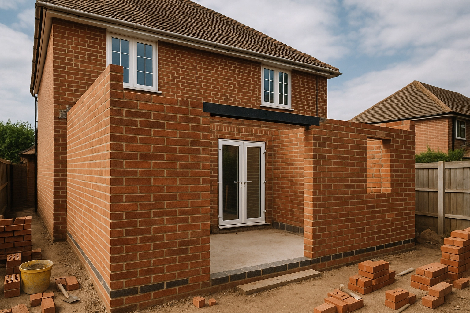 Extension brickwork tied into existing house with matching brick and mortar