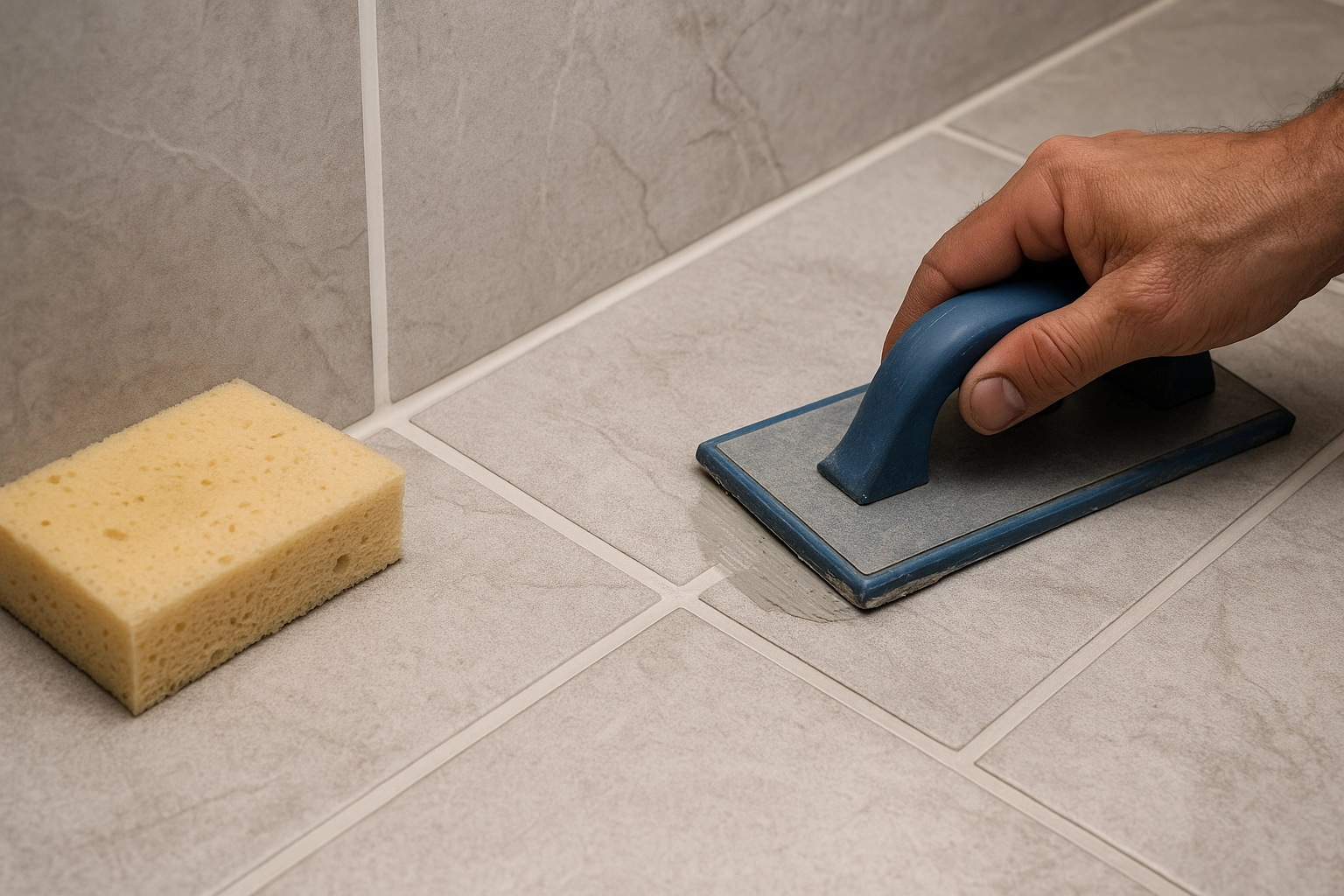Close-up of grout being applied and cleaned around floor tiles