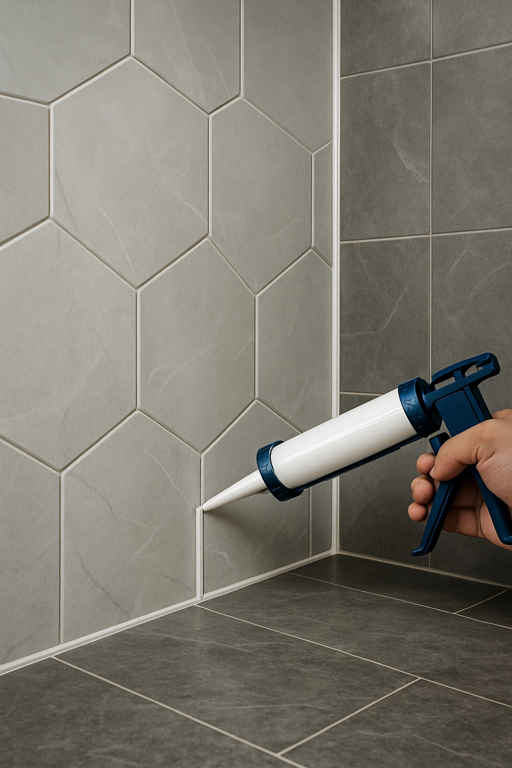 Colour-matched grout and neat silicone edges