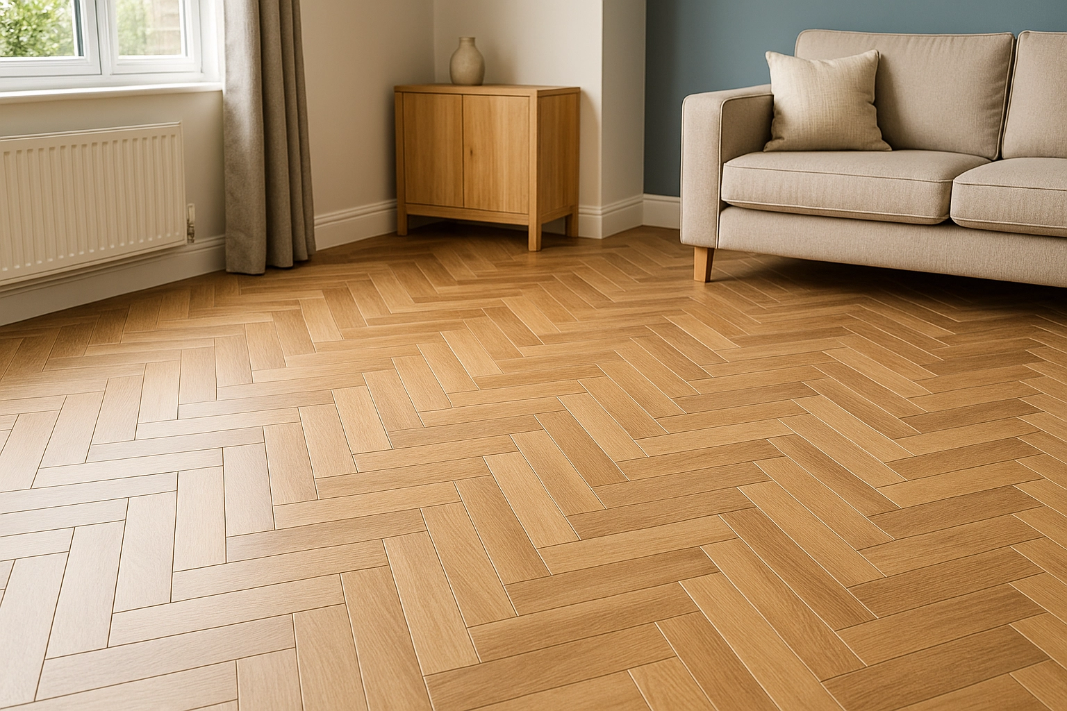 Warm herringbone LVT laid through an open-plan space