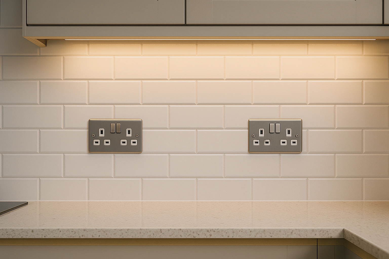 Subway tile splashback with neat aligned sockets