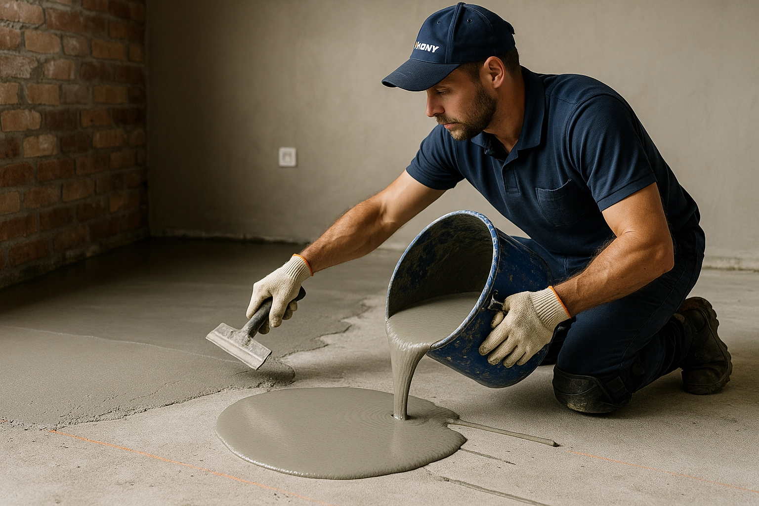 Self-levelling compound being poured and trowelled smooth