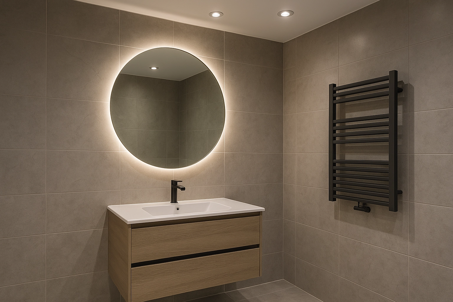 Bathroom lighting and mirrors with modern illuminated mirror and downlights