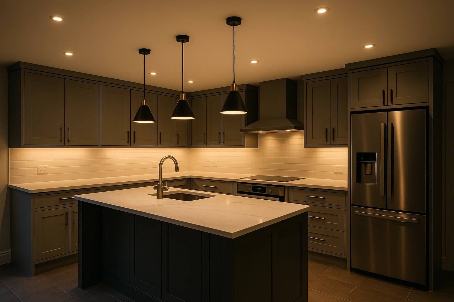 Kitchen lighting with a mix of downlights, pendants and under-cabinet LEDs