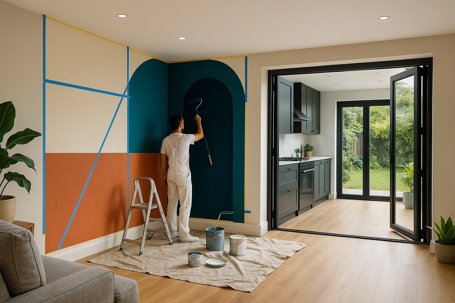 Open-plan kitchen lounge during repaint with bold colour blocking