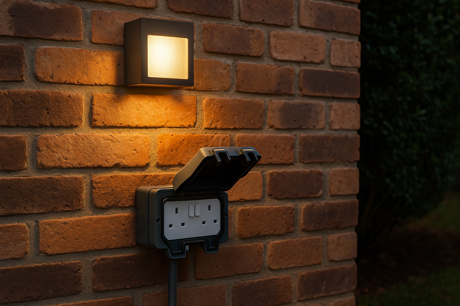 Outdoor weatherproof socket and lighting on brick wall