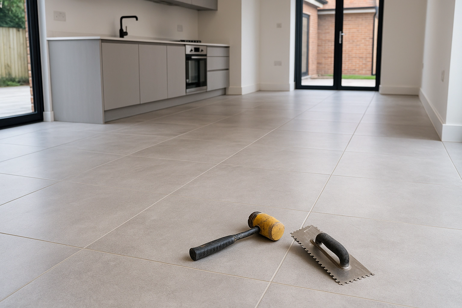Large-format porcelain floor tiles with tight grout lines