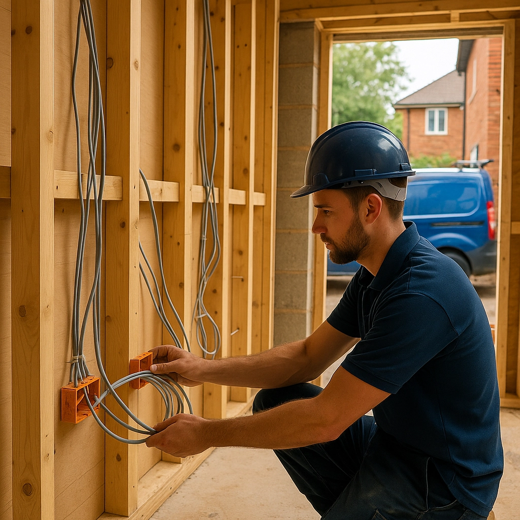 Rewiring work in a house extension with exposed studs