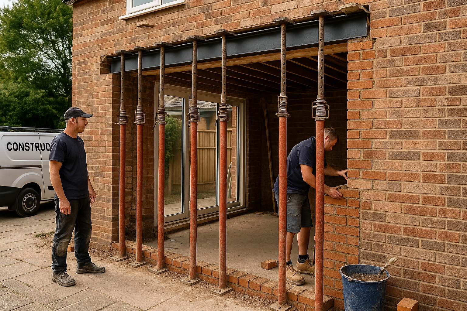 Propped wall with new steel lintel and made-good brickwork