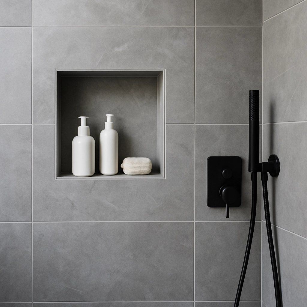 Crisp tiling lines with recessed shampoo niche