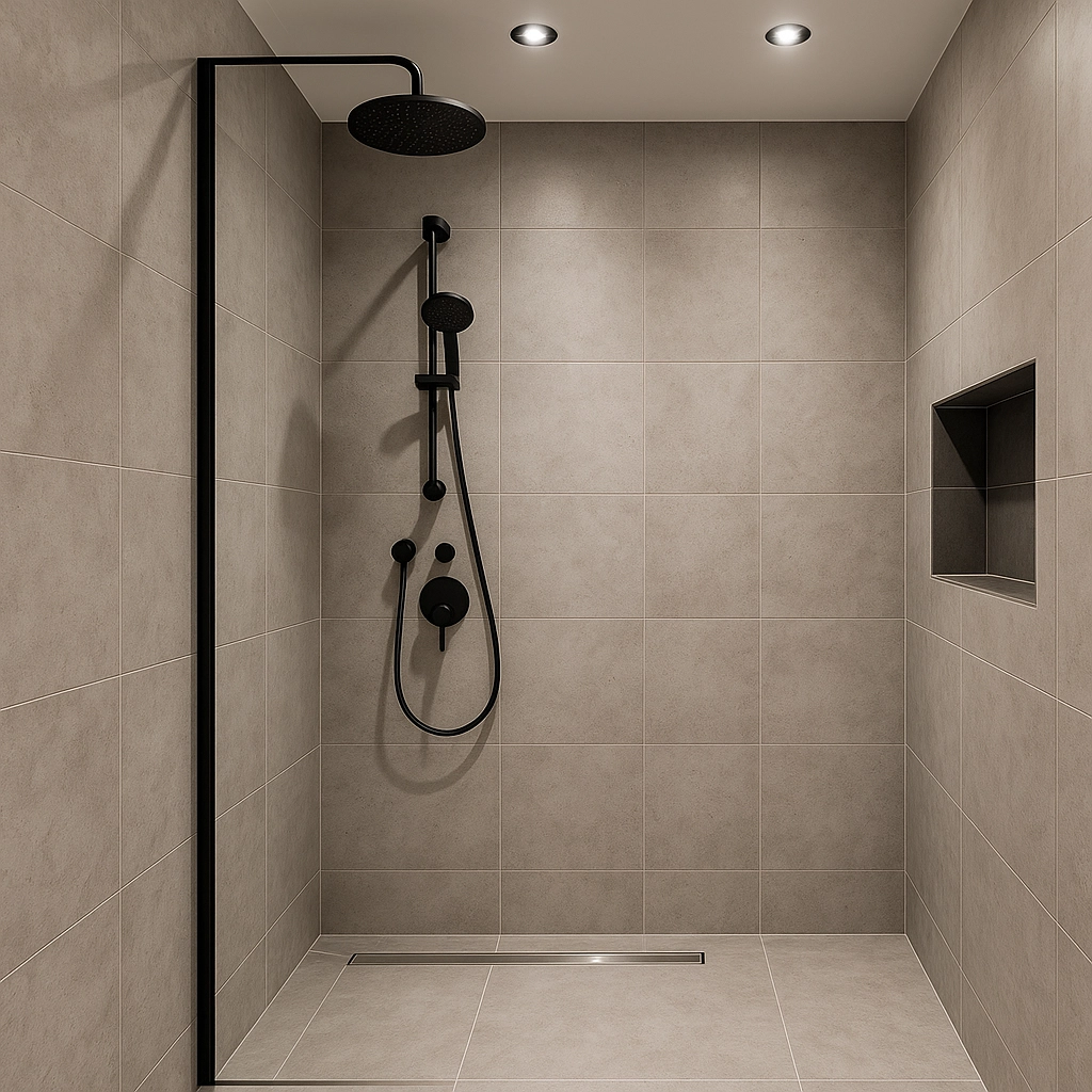 Tanked wet room with linear drain and large-format tiles