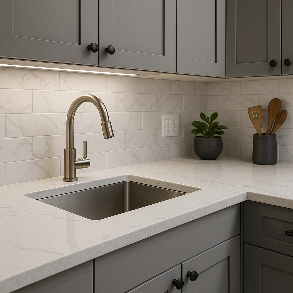 Seamless quartz worktops with undermount sink